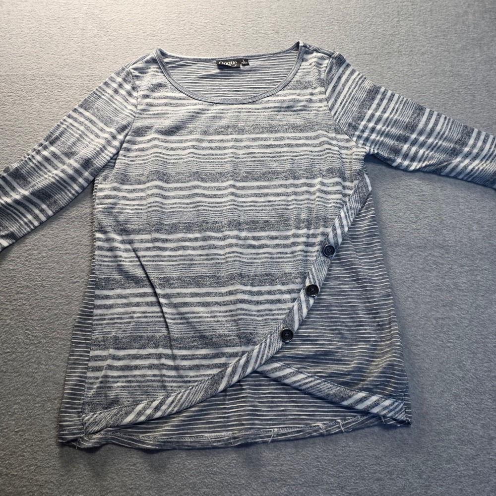 Asymmetrical Tunic Top Womens Large Blue Stripe Button Wrap Detail Onque Casual